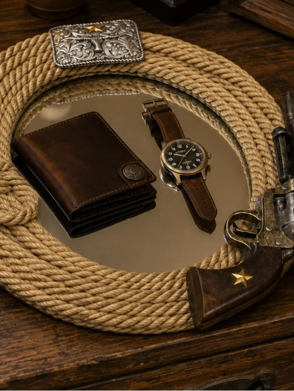 Western Cowboy Oval Rope Wall Mirror with Revolver & Sheriff Star Accents